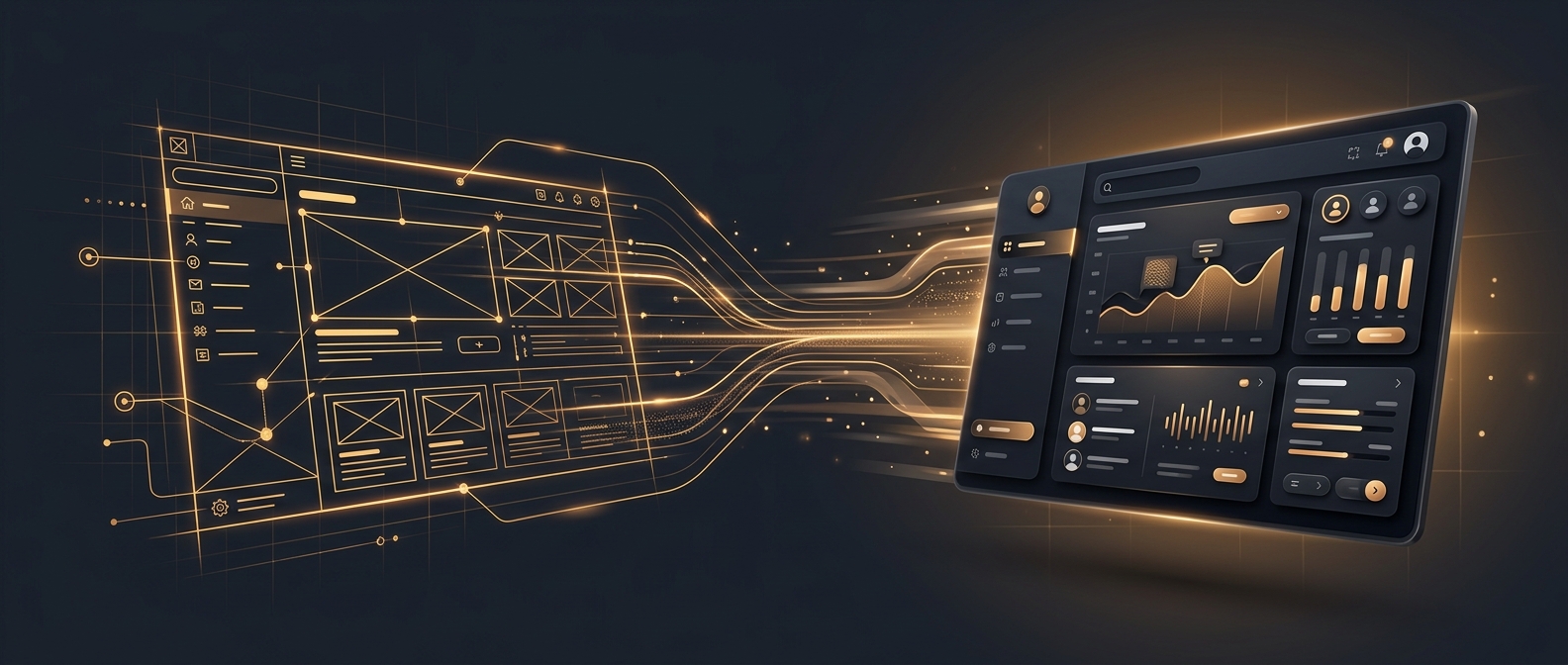 Wireframe blueprints accelerating into a finished product dashboard