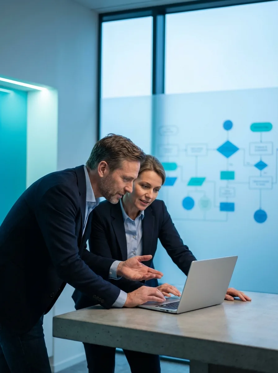 Two senior consultants collaborating over a laptop in a modern minimal office