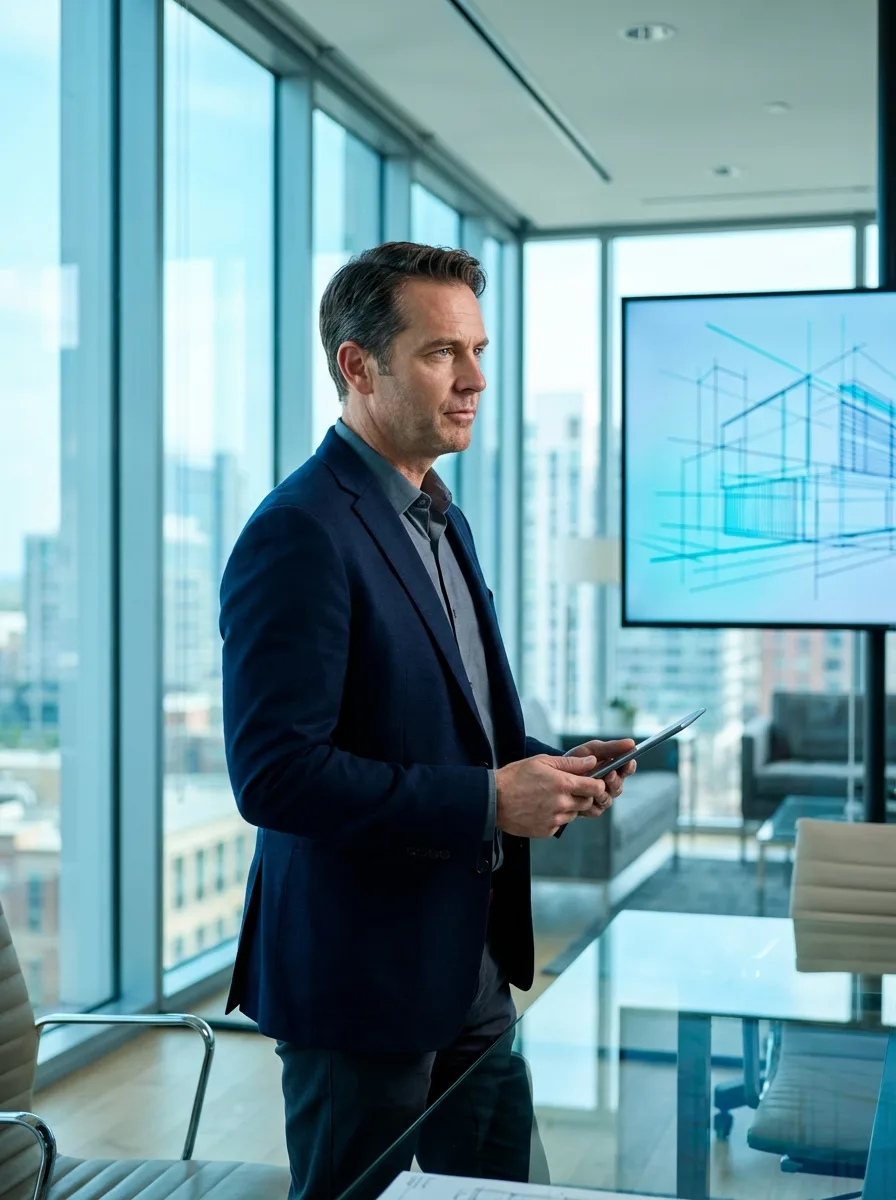 Senior consultant in a navy blazer reviewing a tablet at a glass conference table
