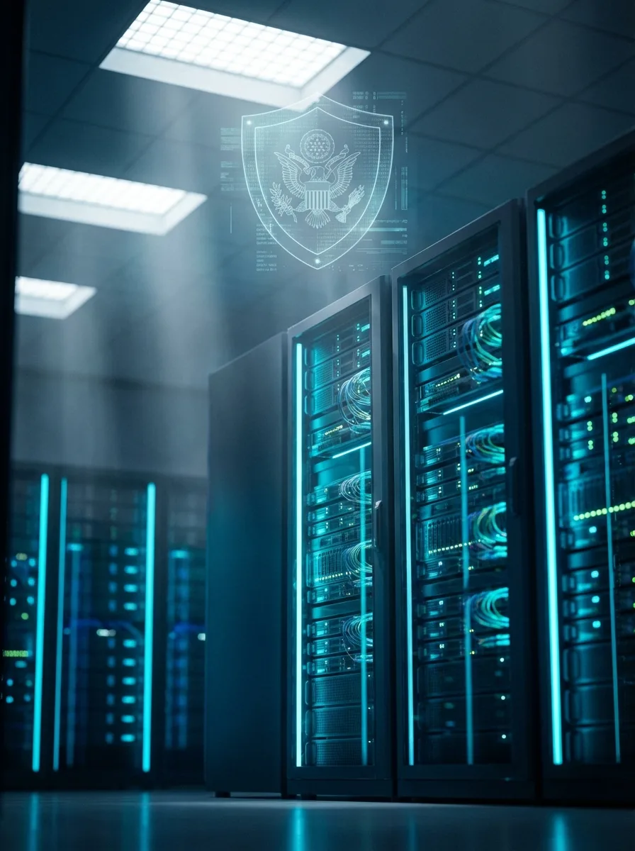 Federal data center with cyan-lit server racks and a translucent security shield