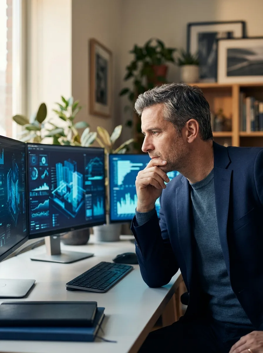 Seasoned fractional CTO at a modern home office desk with multiple monitors
