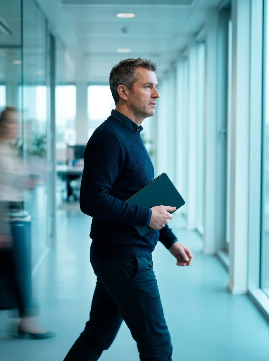 Senior technology executive walking through a modern office with a tablet