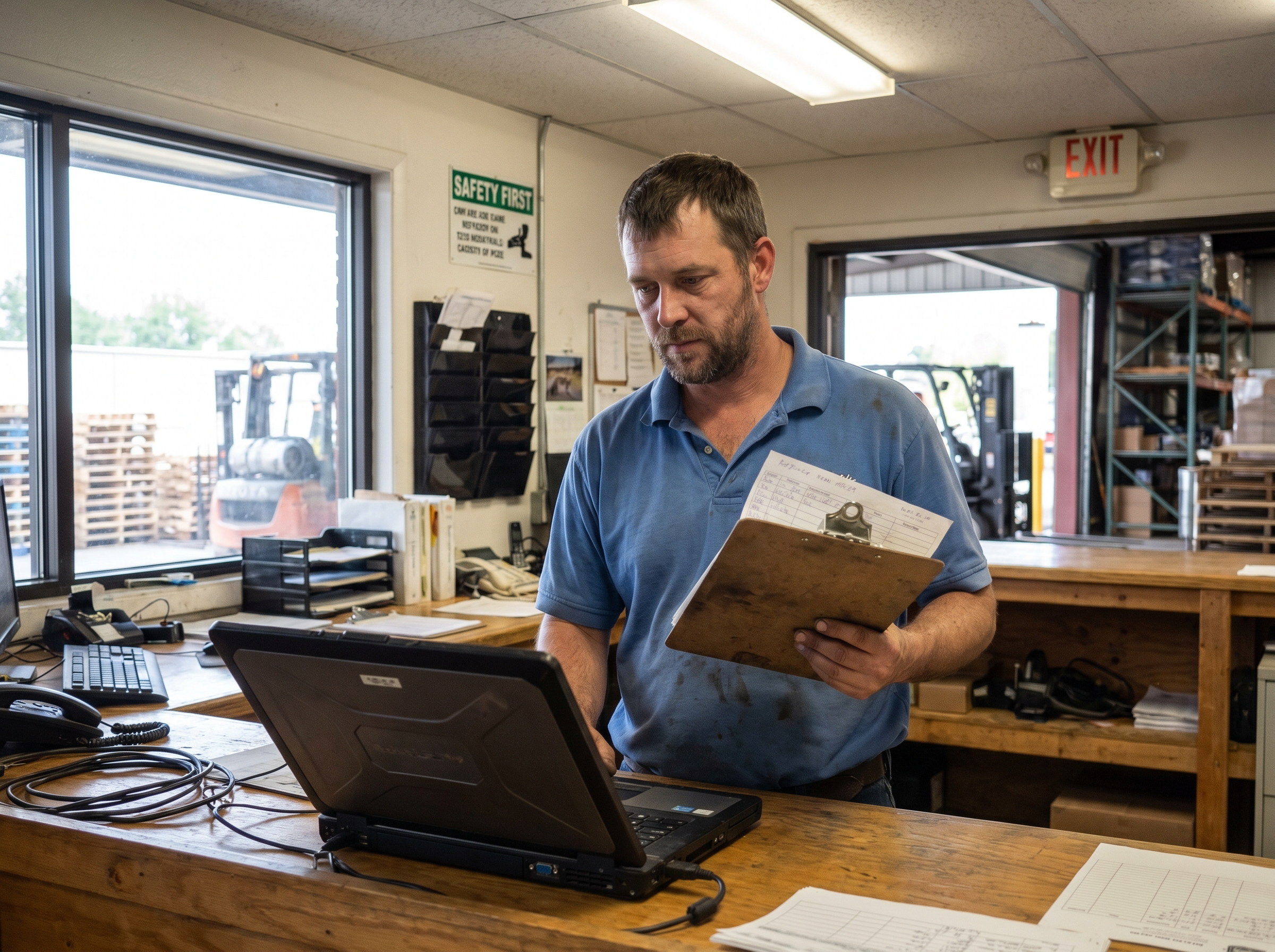 Late-30s man in a warehouse / dispatch office, clipboard, looking at a laptop. Practical, no-nonsense. Editorial.