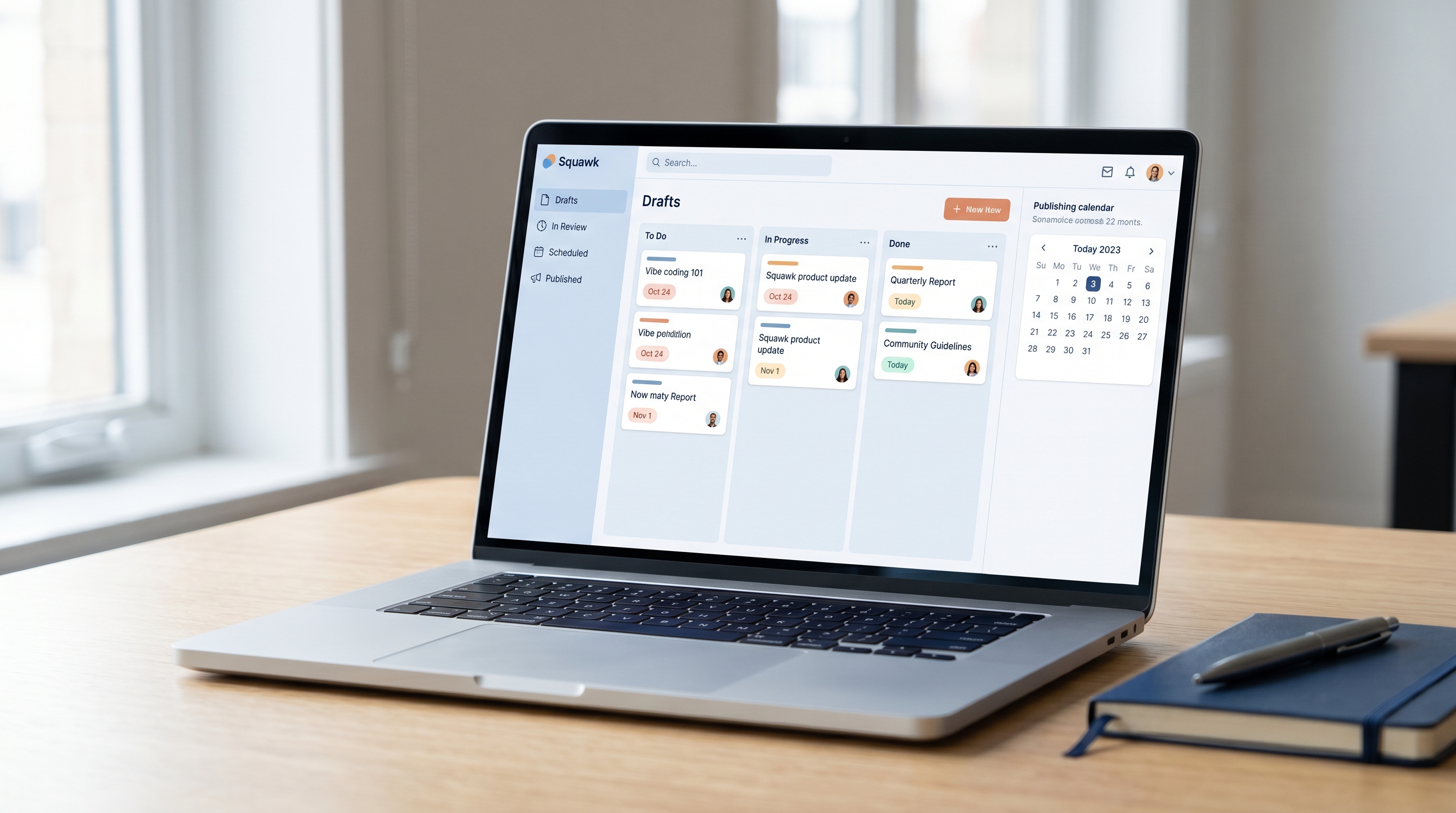 Stylized screenshot of the Squawk product UI. Content workflow dashboard, real publishing tool.